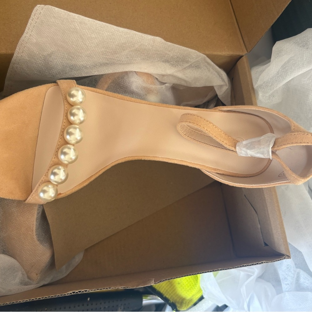 Elegant Tan Pearl-Embellished Women's Heels Size 8.5